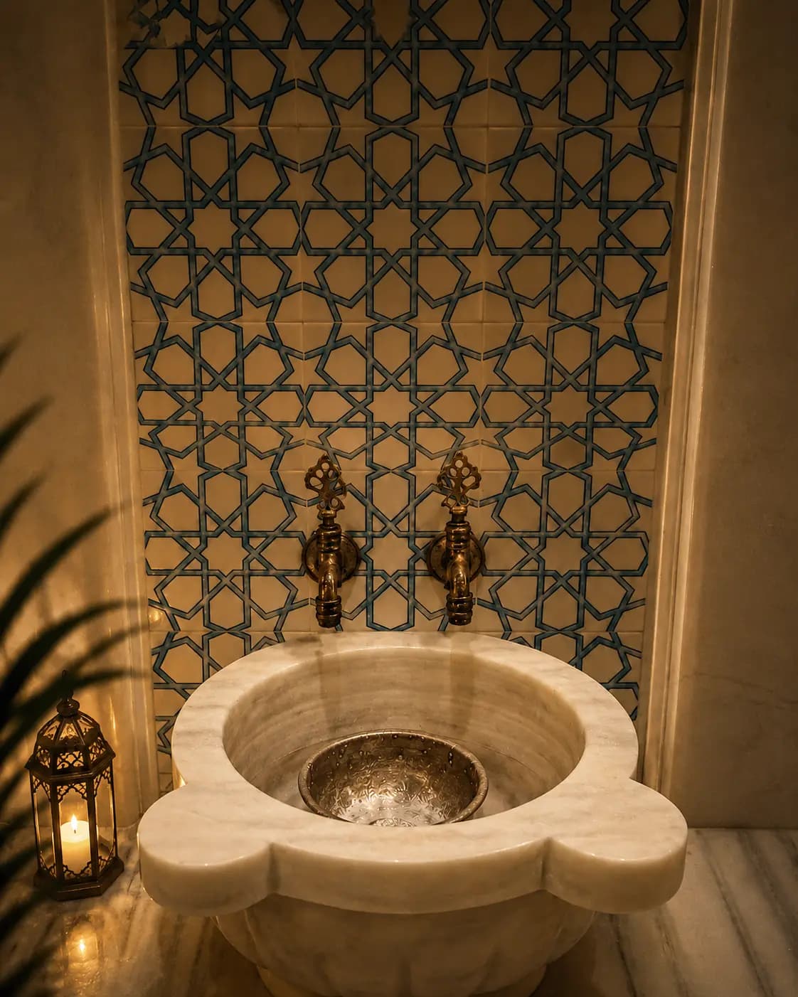 Marble basin and tile detail inside Aurora Spa and Wellness